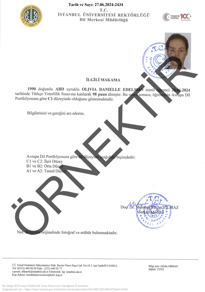 Örnek TÖMER Sertifika Görseli